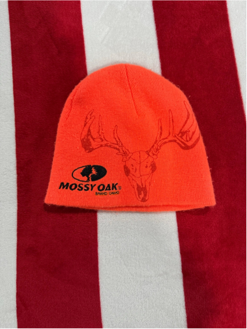Men's Mossy Oak Beanie Hat One Size Orange Black Deer Skull Graphic